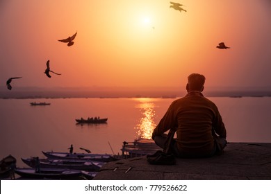 Meditation, 
Holy man Sadhu meditating at the ghats of Varanasi, Banaras, Uttar Pradesh, India, Asia