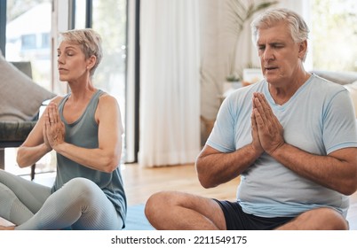 Meditation, Pilates And Senior Yoga Couple Work On Stress Relief, Fitness Or Chakra Energy Training. Retirement, Namaste, And Elderly Man And Woman Meditating For Peace, Wellness Or Spiritual Freedom