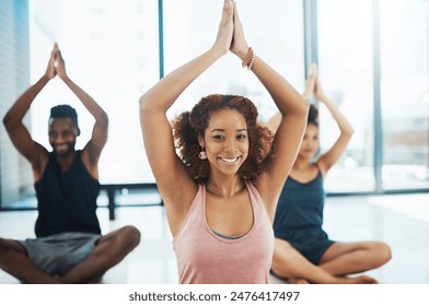 Meditation, portrait and yoga with people in class together for healing, holistic balance or wellness. Exercise, fitness or pilates with smile of man and woman group on studio floor for mental health - Powered by Shutterstock