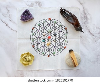Meditation quartz crystal grid and buddha hand. flat lay. Crystal Healing Decor. Magic Rocks for Crystal Ritual. Crystal Layout for Relaxing Chakra. 