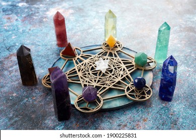 Meditation, reiki and crystal healing background. Healing crystals grid.