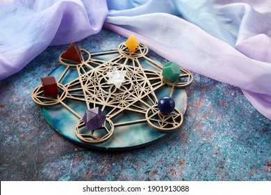 Meditation, reiki and crystal healing background. Healing crystals grid.