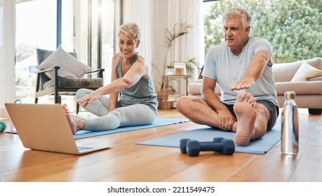 Meditation, senior couple and tutorial exercise for workout, training and health for wellness and relax at home. Retirement, man and woman streaming with laptop to do yoga, fitness and stretching. - Powered by Shutterstock