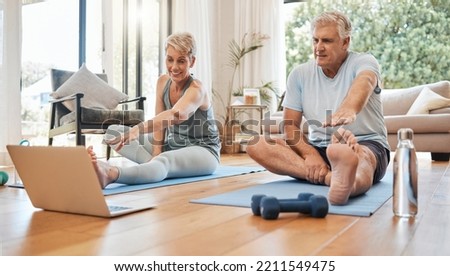 Meditation, senior couple and tutorial exercise for workout, training and health for wellness and relax at home. Retirement, man and woman streaming with laptop to do yoga, fitness and stretching.