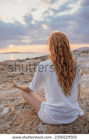 Meditation wellness on beach. Happy zen girl, spiritual fitness breathing and health for mindfulness reiki energy or relax pilates exercise workout in nature