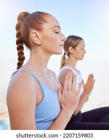 Meditation, Women And Wellness Yoga By Friends Doing Zen Exercise In Nature, Peace And Balance Workout. Fitness, Health And Relax By Girls In Yoga Pose, Calm And Peaceful Stress Relief Meditating