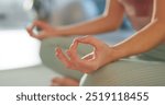 Meditation, yoga and lotus with hands of woman in studio for health, peace and spiritual wellness. Balance, mindfulness and healing with closeup of person and practice for relax, awareness and energy