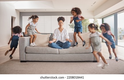 Meditation, Yoga Mom And Children Running, Energy And Hyperactive With Adhd With Mother Doing Stress Free Exercise On Sofa In Brazil Home. Playing, Distracted And Energetic Kids With Zen Woman