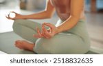 Meditation, yoga and peace with hands of woman in studio for health, zen and spiritual wellness. Balance, mindfulness and healing aura with person and practice for relax, awareness and energy