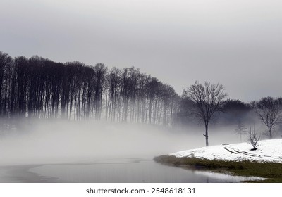 Meditative spiritual state, zen on a rainy and foggy day. Depressive and anxious state on a cloudy winter day with thick fog. Forest with high tops covered with fog and snow next to a lake. - Powered by Shutterstock