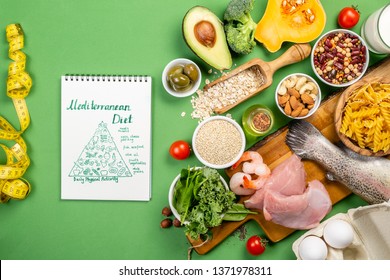 Mediterranean Diet Concept - Meat, Fish, Fruits And Vegetables On Bright Green Background