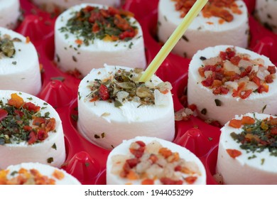 Mediterranean Diet Cream Cheese Bites. Soft Cheese With Herbs Tomato Red Pepper Onion And Garlic Appetiser Platter. One Bite Appetizers Idea. 