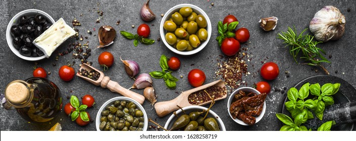 Mediterranean Food Background With Herbs, Olive, Oil, Tomatoes, Basil