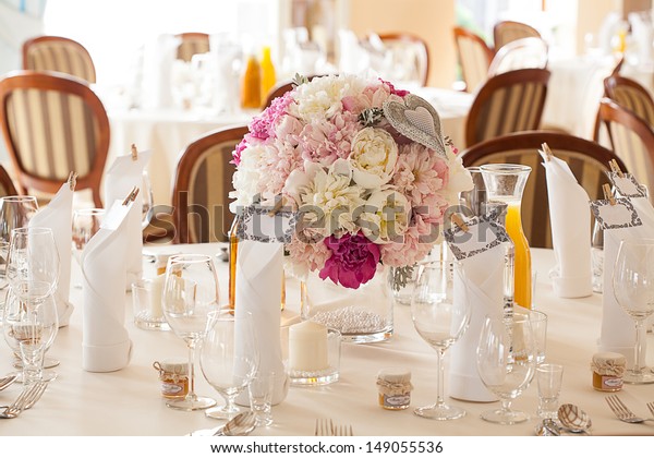 Mediterranean Interior White Wedding Table Sets Stock Photo Edit