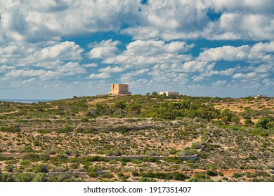 The mediterranean landscape of the island Comino on a hot sunny day in summer with heat shimmer. The historical Saint Mary's Tower (Comino Tower) is in the background. Vacation on the island of malta. - Shutterstock ID 1917351407