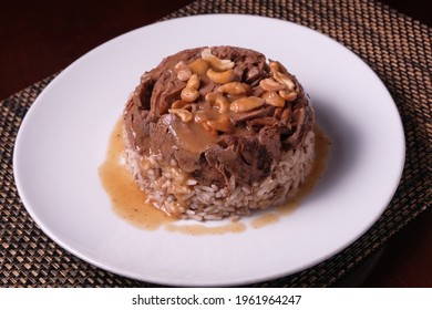 Mediterranean Lebanese Food Dish Lamb Meat With Rice And Cashew Nuts