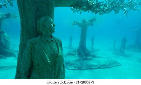 MEDITERRANEAN SEA, CYPRUS, AYIA NAPA - AUGUST, 2021: Museum Of Underwater Sculpture Ayia Napa (MUSAN). Art Work Sculptor Jason DeCaires Taylor.  