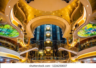 Mediterranean Sea, Greece - 16.10.2018: Interior Of The Atrium Of Cruise Ship Norwegian Star With People During A Cruise To Greece