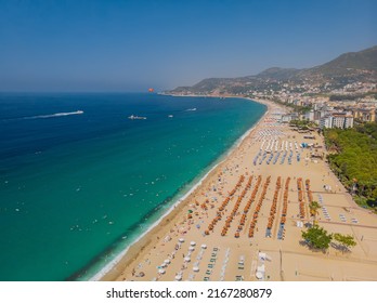 Mediterranean Sea from the height of the cable car and Cleopatra Beach in Alanya in Turkey
