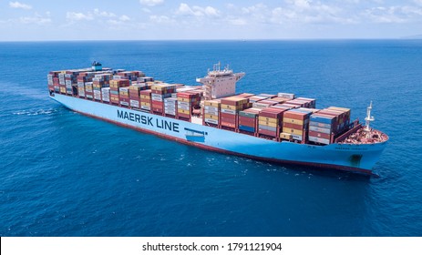 Mediterranean Sea - June 25, 2020: Maersk Hidalgo Mega Container Ship. ULCV Fully Loaded With Freight Container.