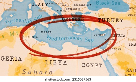 Mediterranean Sea marked with Red Circle on Realistic Map. - Shutterstock ID 2315027563