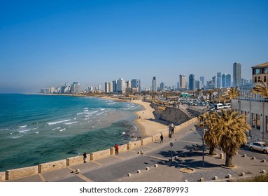 Mediterranean seaside of Tel Aviv. View from the park at old town of Jaffa.