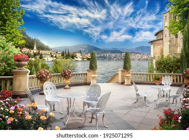 Mediterranean terrace with delicate tables. Digital mural. Digital fresco.