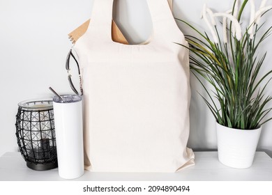 Medium canvas tote bag on table with sunglasses and tumbler, mother's day purse mockup