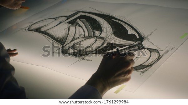 Medium close-up of a female car designer drawing\
concept art