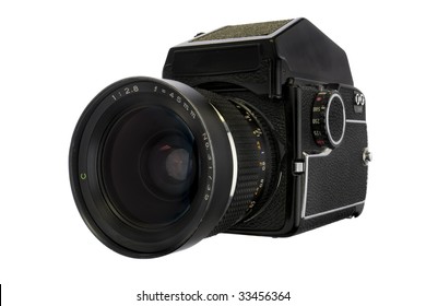 A medium format film camera circa 1976 (isolated over white).