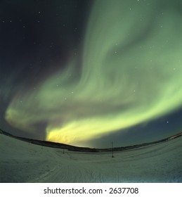medium format slide film, fisheye lens. Aurora Borealis in the night sky near Fairbanks, Alaska