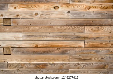 Medium Light Brown Reclaimed Wood Surface With Aged Boards Lined Up. Wooden Planks On A Wall Or Floor With Grain And Texture. Neutral Stained Vintage Wood Background.