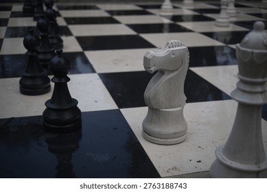 A medium low-angle photograph capturing a large, public stone chessboard laid on the ground. The board itself is made of textured, wet-looking black and white stone squares with scattered plant debris. Prominently in the center-right is a detailed, rough-textured light grey stone knight. To its left, positioned on black squares, are multiple larger matte black plastic chess pieces, including two prominent pawns in the immediate foreground, and a row of other pieces creating a sense of distance. All pieces are over a foot tall. A large, light-grey stone queen is cut off on the right foreground. The background is softly blurred with park elements and foliage, suggesting a relaxed outdoor setting on an overcast day.