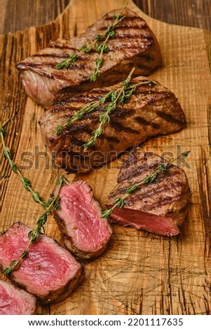 Medium rare roasted beef steak, prime top blade meat
