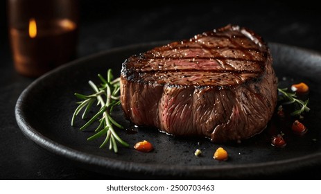 Medium rare steak dinner menu, close up view