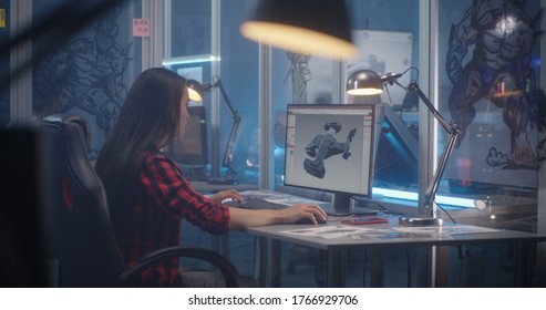 Medium Shot Of A Female Designer Creating 3D Aircraft Model For A Video Game