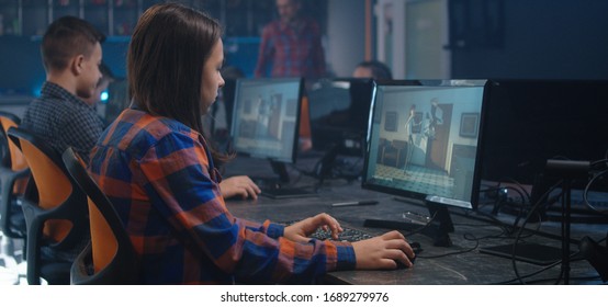 Medium shot of a girl learning 3D design with an animated move in school