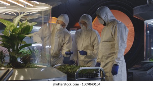 Medium Shot Of Hazmat Suit Wearing Scientists Examining Seedlings In A Lab On A Mars Base