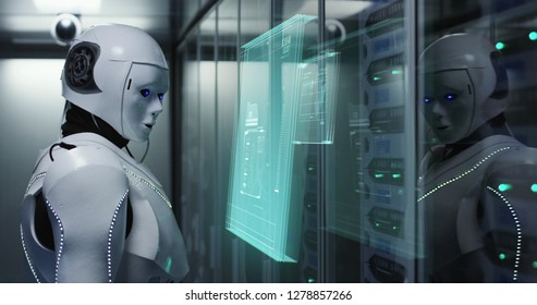 Medium shot of a humanoid robot using a virtual interface while working in a data center