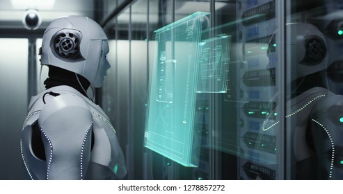 Medium shot of a humanoid robot using a virtual interface while working in a data center