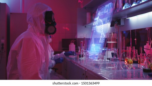 Medium shot of scientists using interactive holographic display showing DNA chain