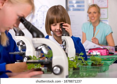 A medium shot of a Smiling girl in school uniform under selective focus looking into the microscope in a laboratory with other students in the foreground and her teacher working in the background