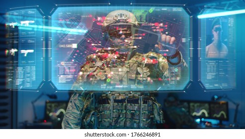 Medium Shot Of A Soldier Checking Interactive Holographic Map