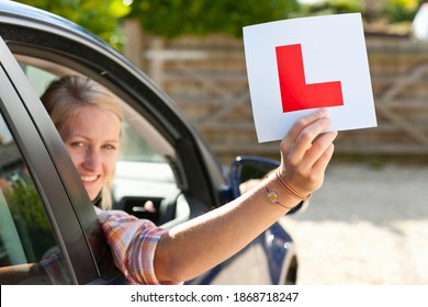 A Medium Shot Of A Woman Holding A Learner's Permit Sticker Out Of A Car Window.