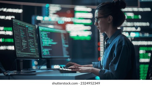 Medium Shot of Woman Working as a Developer, Surrounded by Big Screens Displaying Lines of Code in Dark Monitoring Room. Female Programmer Using Desktop Computer, Analysing Data, Creating AI Software - Powered by Shutterstock