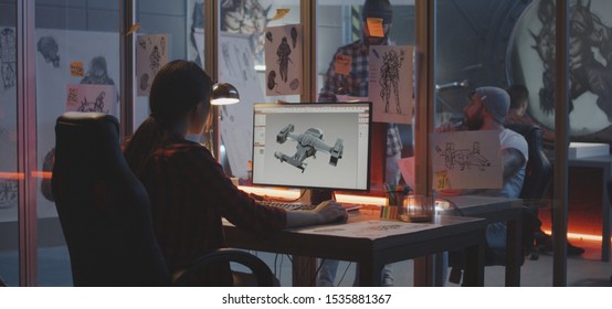 Medium shot of a young woman modeling an airplane on computer