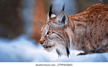 The medium sized Eurasian lynx (Lynx lynx) is native to Siberia, Central, East, and Southern Asia, North, Central and Eastern Europe. Resting in winter landscape in natural forest habitat