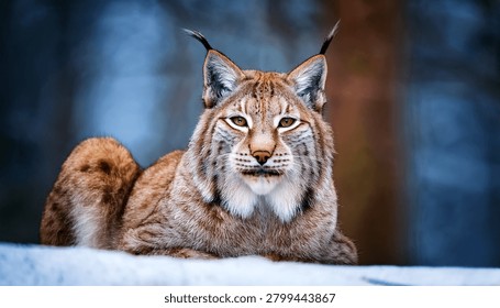 The medium sized Eurasian lynx (Lynx lynx) is native to Siberia, Central, East, and Southern Asia, North, Central and Eastern Europe. Resting in winter landscape in natural forest habitat