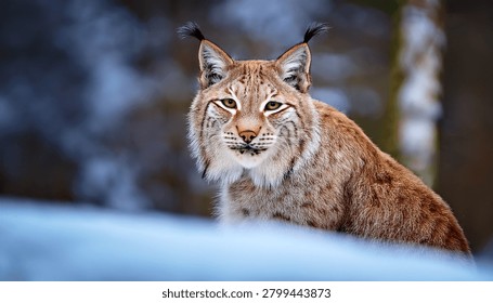 The medium sized Eurasian lynx (Lynx lynx) is native to Siberia, Central, East, and Southern Asia, North, Central and Eastern Europe. Resting in winter landscape in natural forest habitat