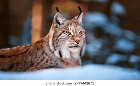 The medium sized Eurasian lynx (Lynx lynx) is native to Siberia, Central, East, and Southern Asia, North, Central and Eastern Europe. Resting in winter landscape in natural forest habitat